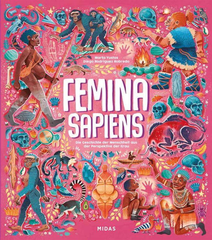 Femina Sapiens Buchcover (viele bunte Darstellungen von Frauen in der Geschichte)