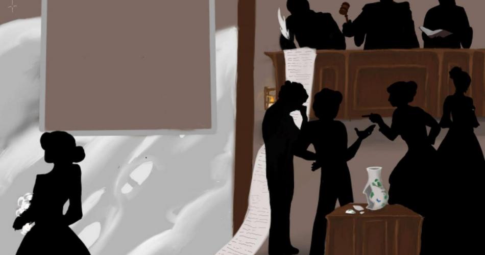 Schwarze Figuren auf Braunem Grund mit Krug im Vordergrund