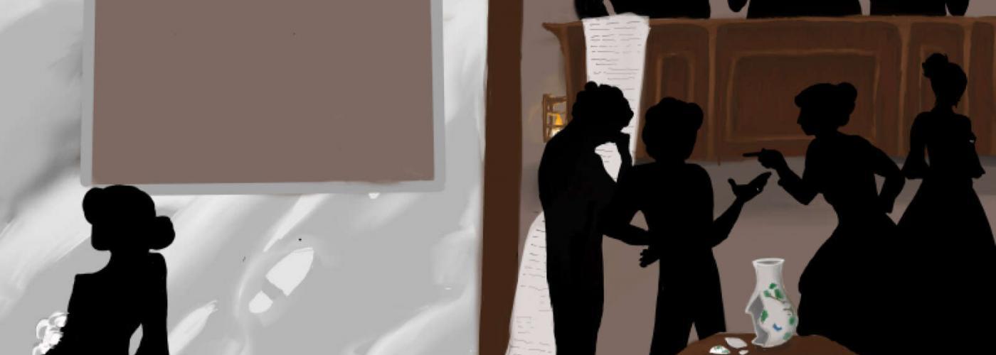 Schwarze Figuren auf Braunem Grund mit Krug im Vordergrund