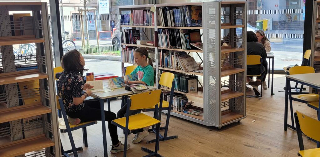 Zwei Schüler:innen sitzen an einem Tisch, links und rechts sind Bücherregale, im Hintergrund große Fenster auf die Straße